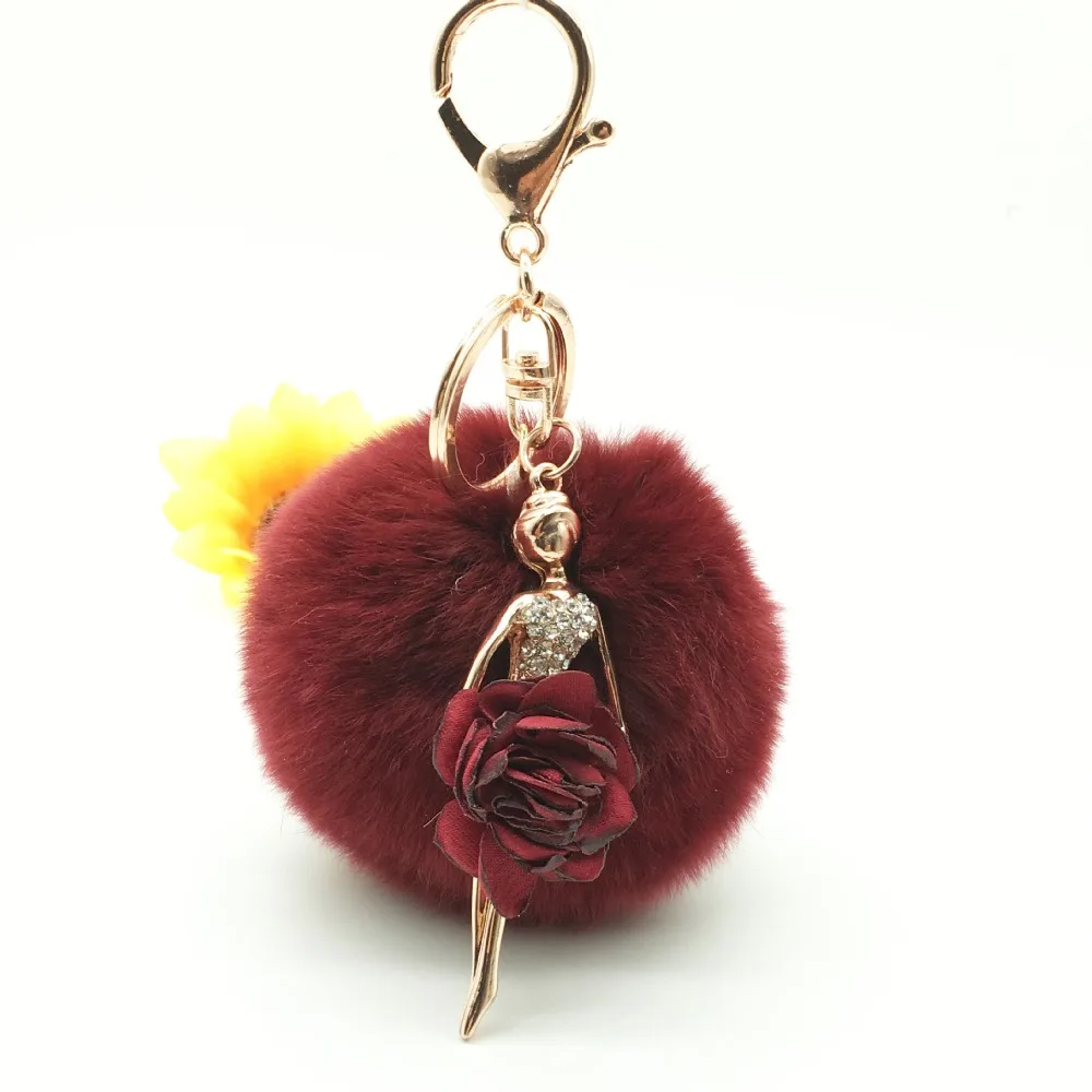 

2017 new trinket fake pompom keychain bunny keychains on bag rabbit fur Keychain fur pom pom charms for bags anime