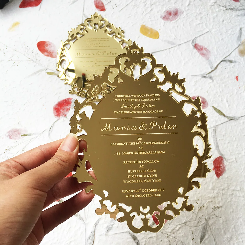 invites Gold or Silver Mirror Acrylic Invitations in various styles & colours 