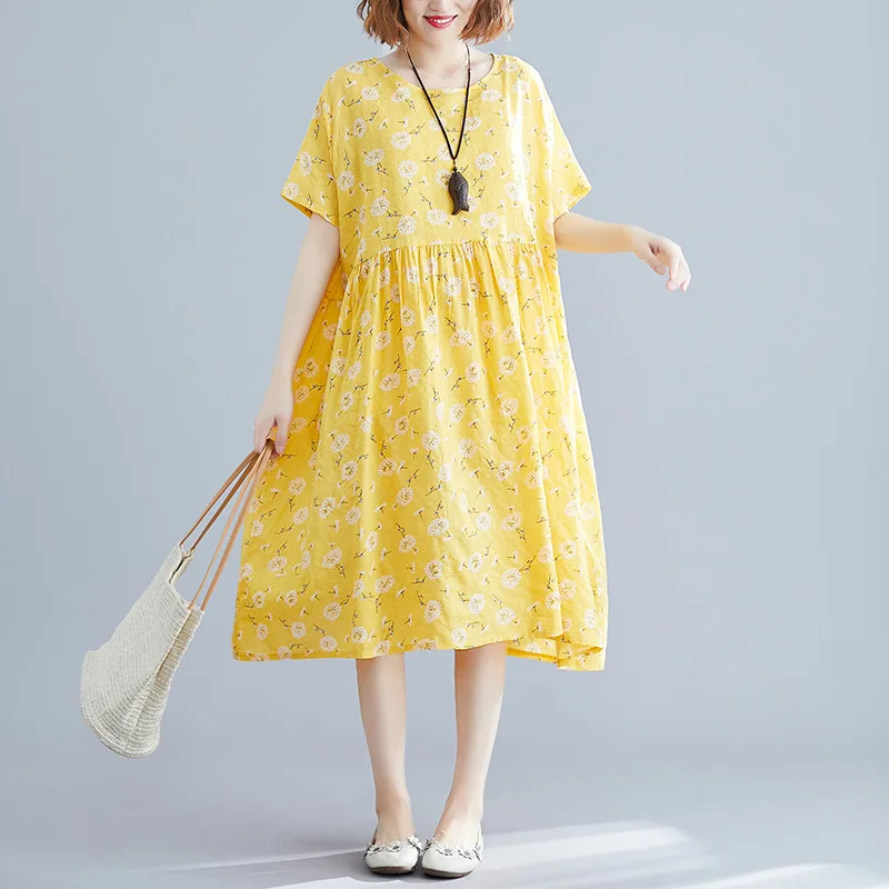 

Johnature New Korean Summer Dresses 2019 Floral Print Casual Simple O-neck Short Sleeve3 Colors women Loose Comfortable Dress