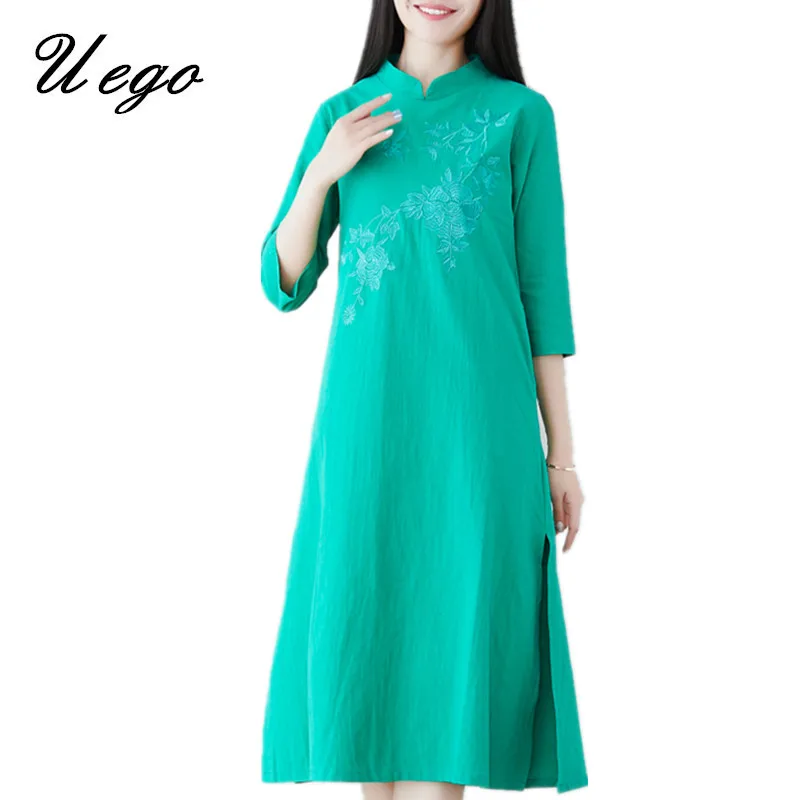 

Uego Spring Summer Dress Cotton Linen Embroidery Floral Vintage Chinese Style Dress Robes 2019 New Women Casual Midi Party Dress