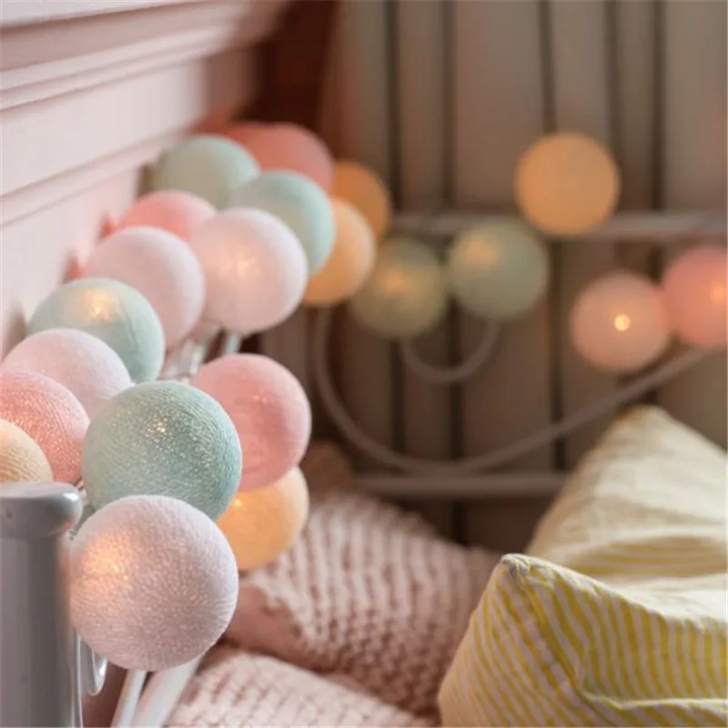 Thai style sweet Pastel cotton ball string lights Bedroom Fairy Nursery Night Light garland holiday LED battery powered wedding