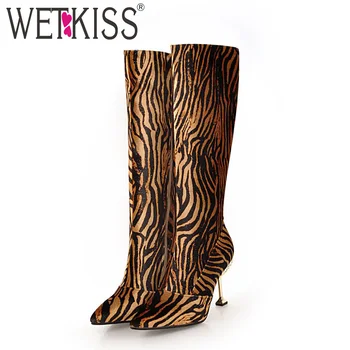 

WETKISS Knee High Women High Heeled Boots Crystal Leopard Footwear Pointed Toe Party Ladies Shoes Sexy Female Boots 2019 Black