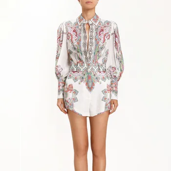 

Vintage Long Sleeve PasilPrinted Top+High Waist Shorts Two Piece Set Women Spring Two Piece Outfits