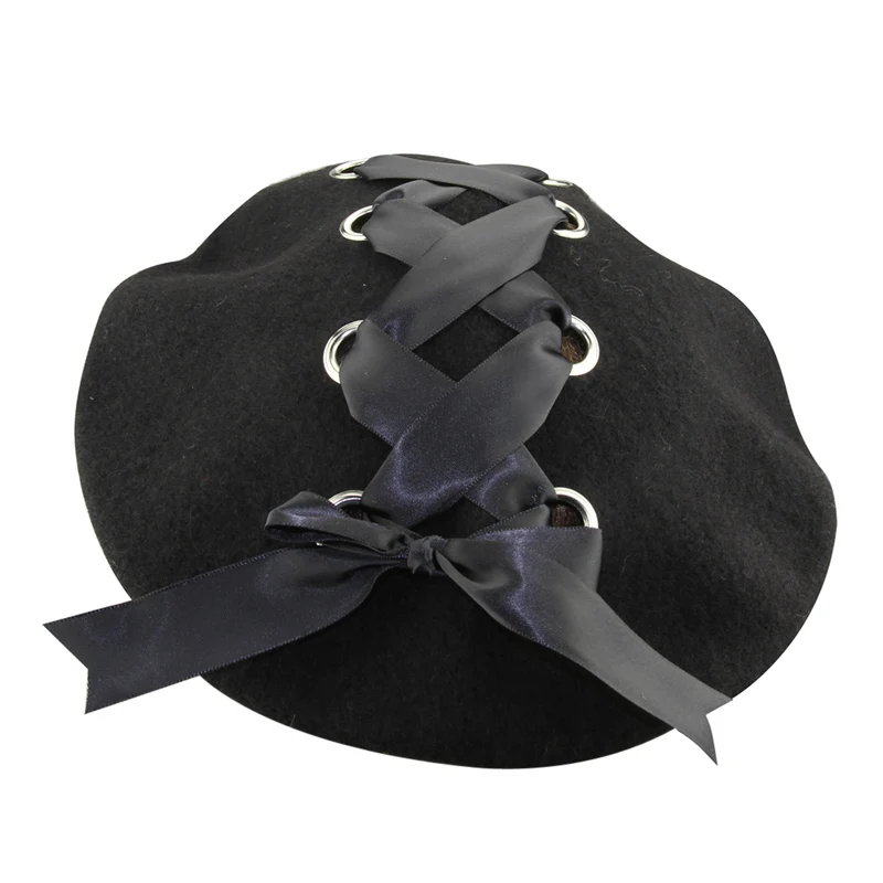 MINAKOLIFE японский стиль Лолиты для женщин кольцо лента шнуровка бант шерсть шляпа Harajuku повседневное Свободные Черный берет