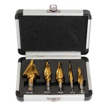 

5pcs HSS Titanium Spiral Step Grooved Drill Bit Set Power Drilling Tools 1 /4 Inch Hex Shank Hole Cutter Aluminium Case