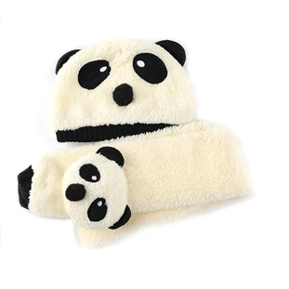 Детский зимний теплый комплект из шапки и шарфа для мальчиков и девочек, милые шапки в виде панды, Шерстяная кепка с пандой, детская шапка и шарф - Цвет: Бежевый
