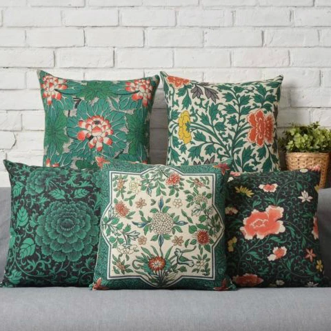 Traditional Oriental Chinese Green Floral Pattern Cushion Cover