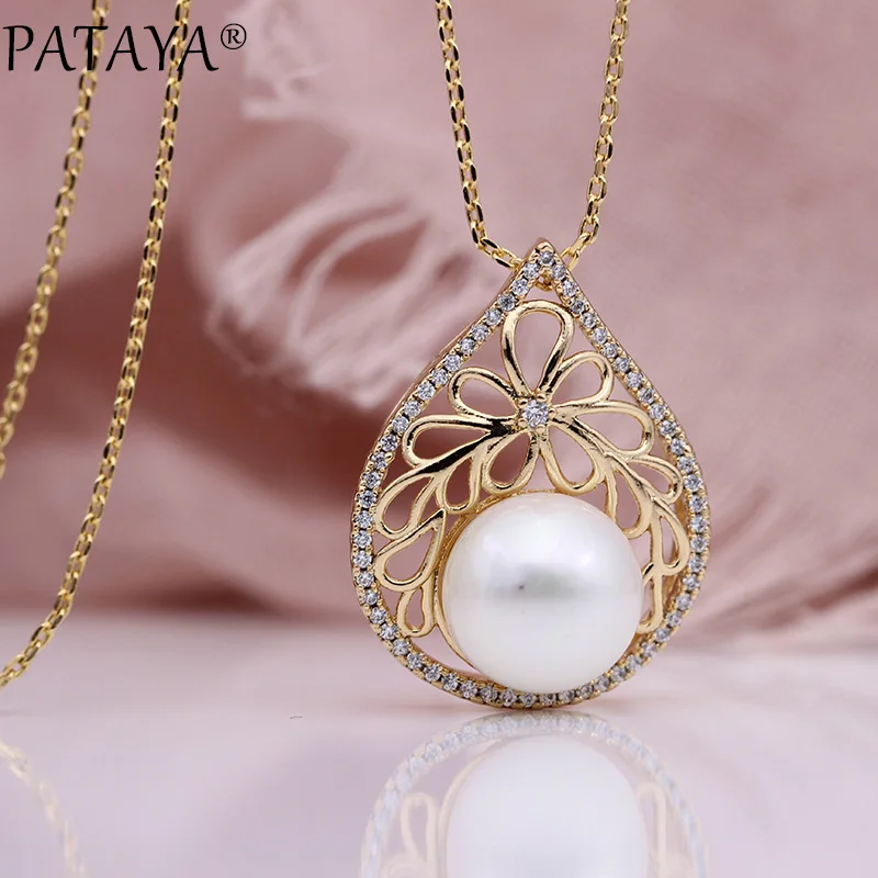 

PATAYA New Water Drop Hollow Long Necklaces Fine Shell Pearls Pendant 585 Rose Gold Natural Zircon Luxury Noble Fashion Jewelry