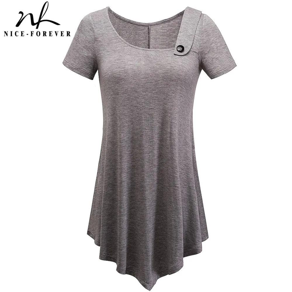 

Nice-forever Brief Casual T-shirts Women summer Short Sleeve Asymmetric Irregular Length Button Stylish Loose Tees tops T010