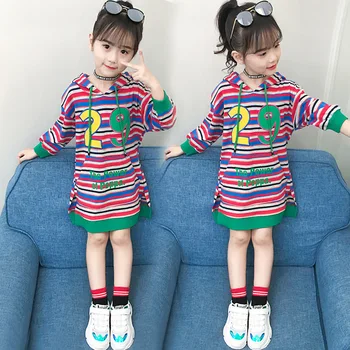 

Girls Clothes Spring Autumn Hooded Long Sleeve Hoodies Dress Girls Korean Style Colorful Stripes Mid-long Loose Fit Hoodies