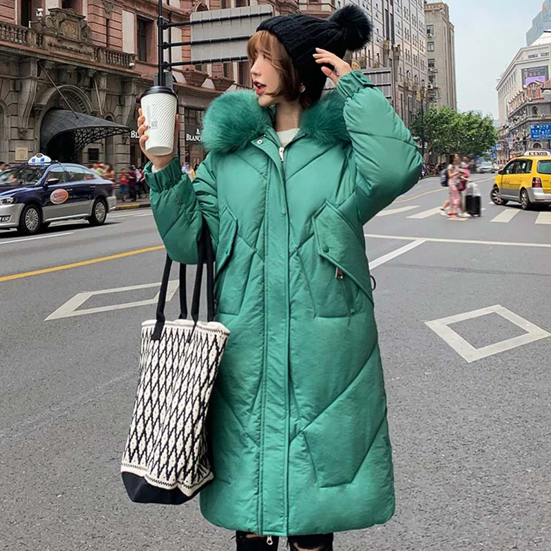 Новое поступление, зимняя куртка для женщин, корейский стиль, с капюшоном, с искусственным мехом, женское длинное пальто, теплая утепленная Дамская парка, верхняя одежда