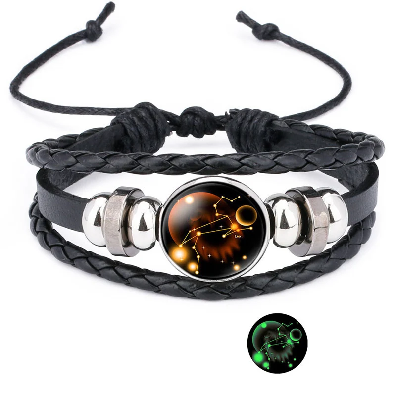 NIUYITID 12 Constellation Bracelet For Women Unisex Leather Jewelry Adjustable Luminous Universe Horoscope Male Boy Gift (2)