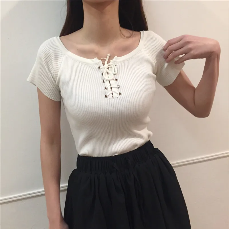 Ulzzang Футболка Harajuku Женская Повседневная Однотонная футболка с коротким рукавом и