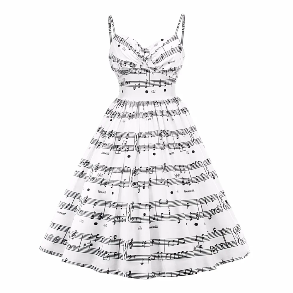 2019 новый плюс размеры музыкальная нота печати для женщин Винтаж Ретро миди платье без рукавов белый женский повседневное музыка качели