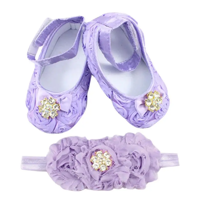 Фиолетовая детская обувь и повязка на голову; обувь для новорожденных принцесс; элегантная обувь для девочек от 0 до 18 месяцев