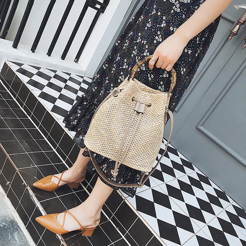 FGGS Новая женская Соломенная Сумка-ведро на шнурке, летние тканые сумки на плечо, сумка для покупок, пляжная сумка, соломенная сумка, дорожная сумка