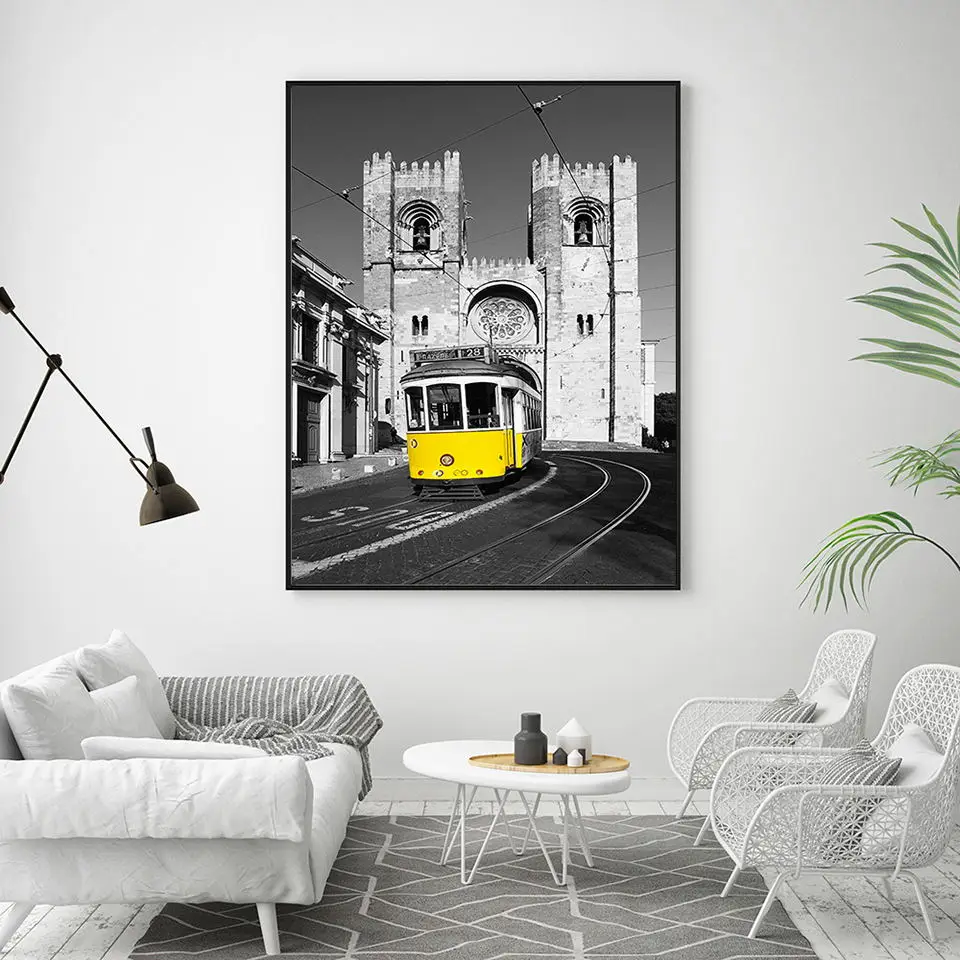 Скандинавская Картина на холсте HD печатная картина плакат здание и желтый автомобиль стены искусства гостиная спальня прикроватные украшения дома