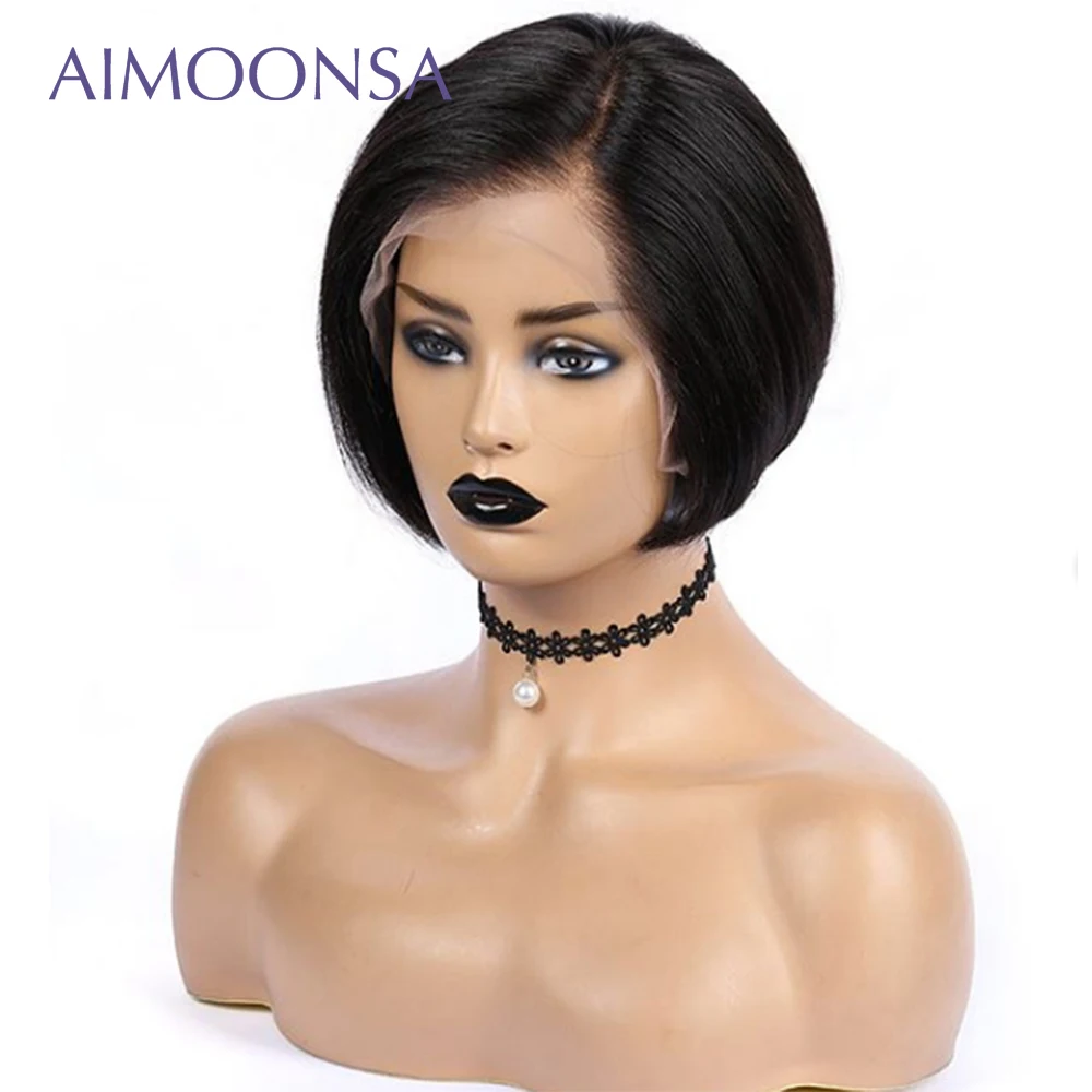 

Short Bob Straight Lace Front Wig Brazilian Wigs For Women Fantezi Straight Black Hair Bleached Knots Bob Wig AIMOONSA Remy