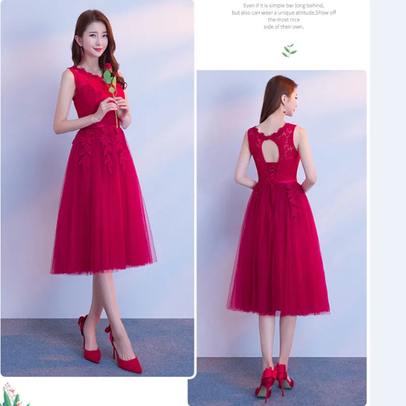 JYX79S# с круглым вырезом на плечах, со шнуровкой, средней длины, в стиле винно-красного цвета, платья подружки невесты, свадебное платье для выпускного вечера, для девочек