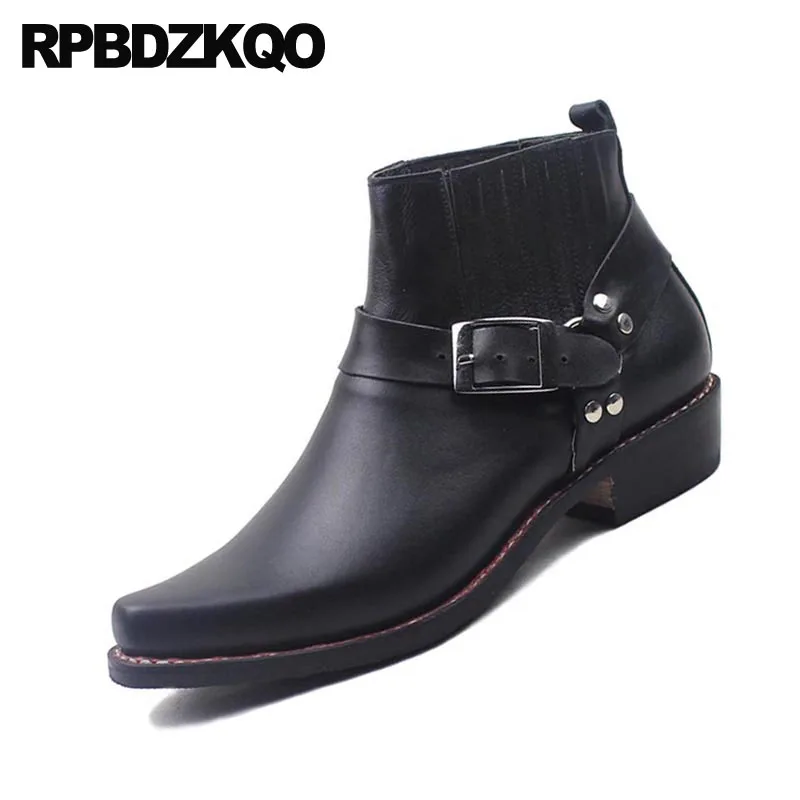 Mariage En Carré Taille Chaussures Robe Pleine Bout Hommes Formelle De Plus Top Bottes Haute Cheville Harnais Chaussons Fleur Noir La Chunky Réel Cuir OkwPn0