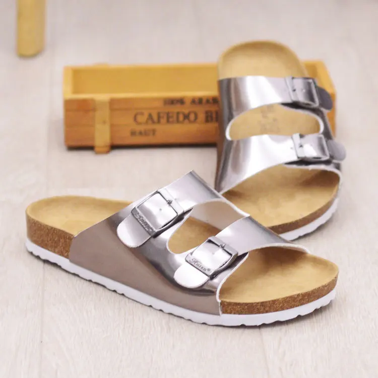 2017New Summer Beach Cork Slippers Sandals Casual Double Buckle Clogs Women Slip on Flats Shoe Plus
