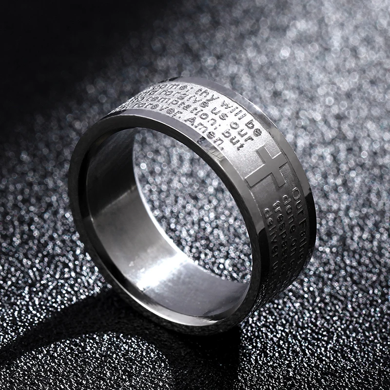 English Titanium Steel Christian Cross Bible Ring for Men and Women Personalized Ring Customize Engraved finger ring