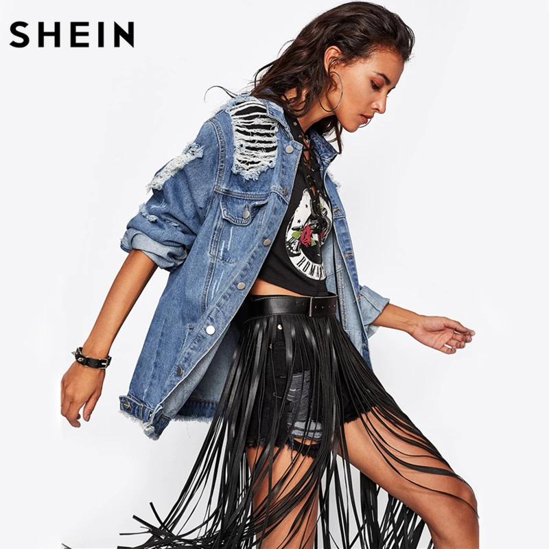 SHEIN Destroyed Boyfriend Denim Jacket Blue lapel Fall Jackets Women Single Breasted Casual Womens Jackets and Coats SHEIN Destroyed Boyfriend Denim Jacket Blue lapel Fall Jackets Women Single Breasted Casual Womens Jackets and Coats
