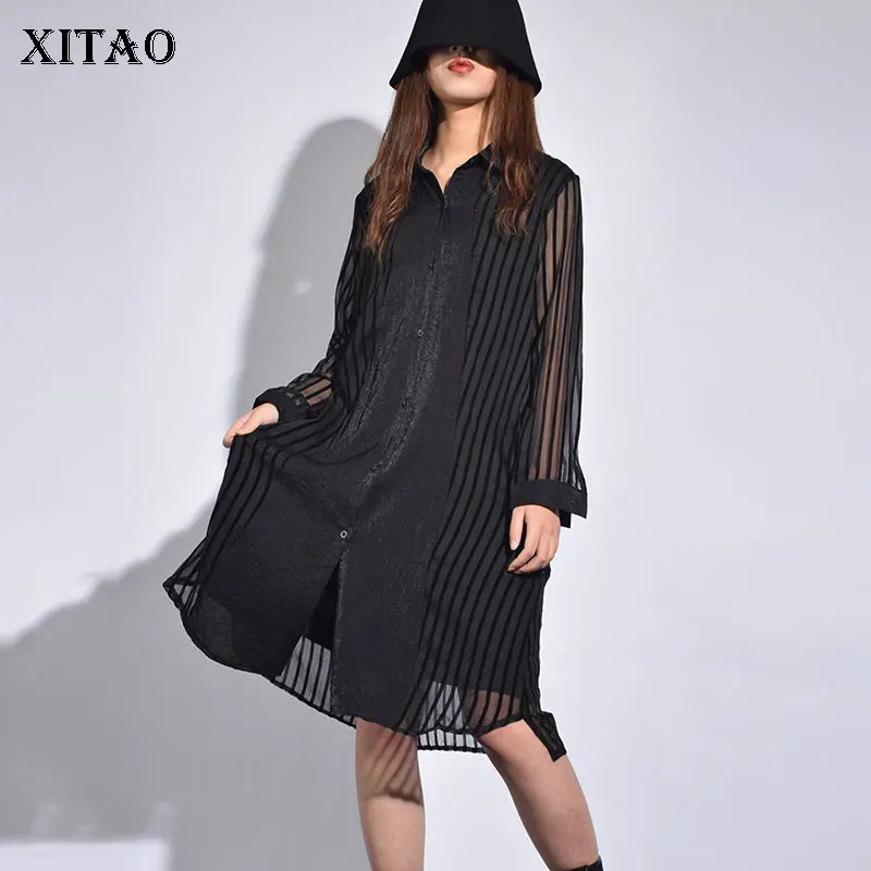 

[XITAO] 2019 Spring Summer Korea Fashion New Women Turn-down Collar Full Sleeve Button Striped Knee-length Casual Dress ZLL3111