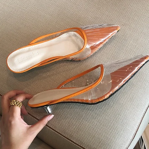 Прозрачная женская летняя обувь; милые элегантные женские шлепанцы с острым носком; шлепанцы на тонком высоком каблуке; удобные женские шлепанцы; - Цвет: Оранжевый