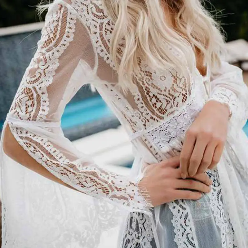 Black Sheer Lace Kimono Cardigan Women Summer Boho Long Sleeve Vacation Longline Beach Blouses