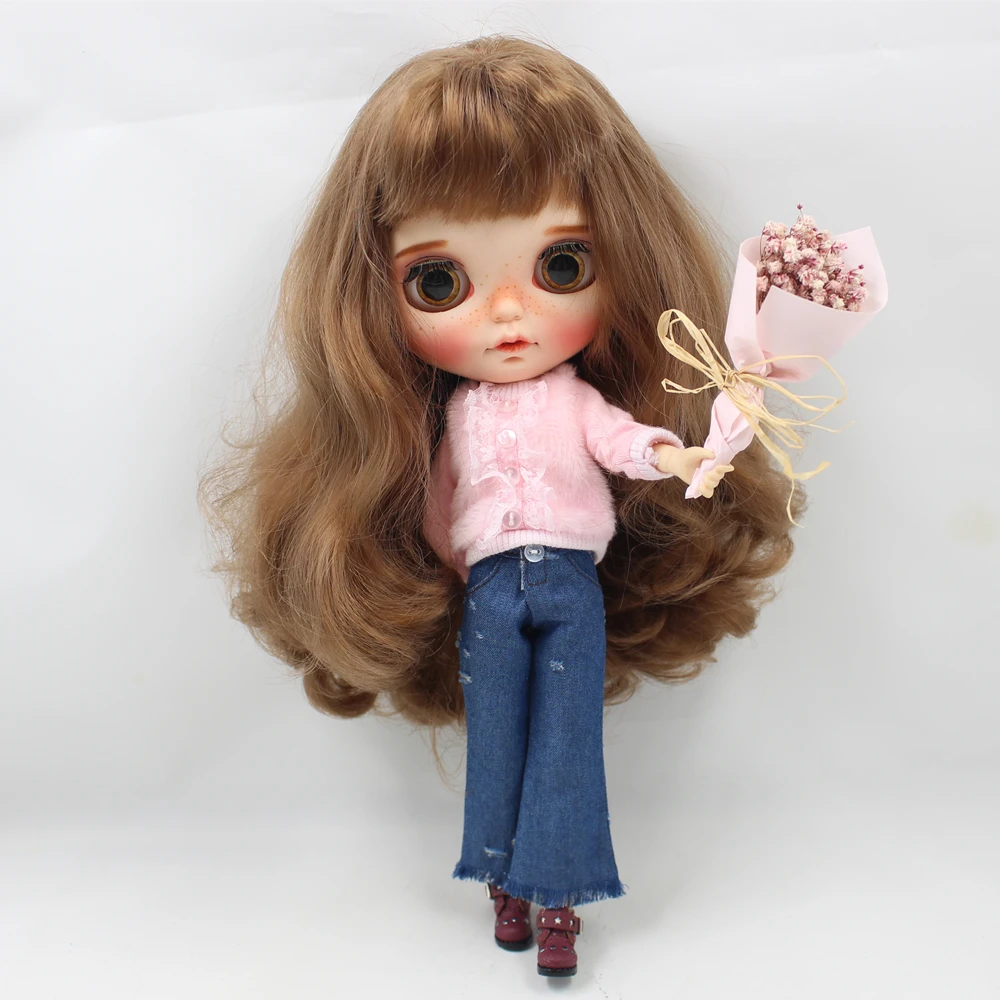 

Outfits for Blyth doll Pink fur clothes with Blue flared jeans suit for 1/6 azone BJD pullip licca