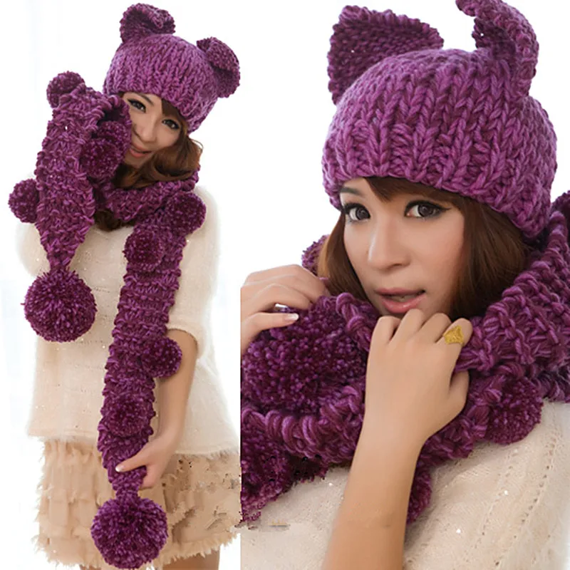 

BomHCS Cute Very Warm Women's Winter Handmade Knitted Cat Ears Hat Beanie & Scarf with Pom