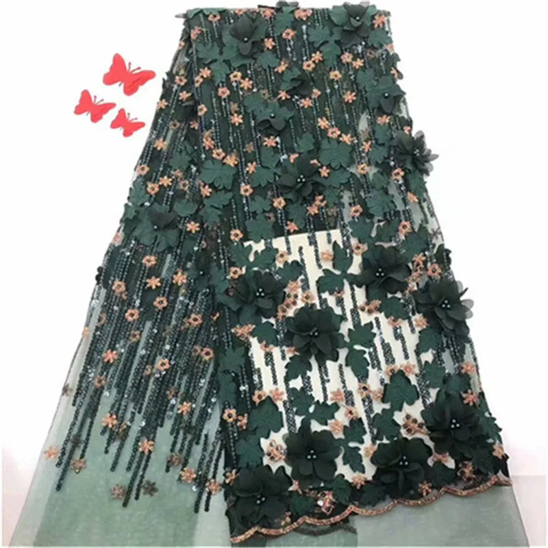 

2019 High Quality French 3D Tulle Beaded African Lace Fabric Sequins Embroidered Nigerian Lace Fabrics For Green Dress