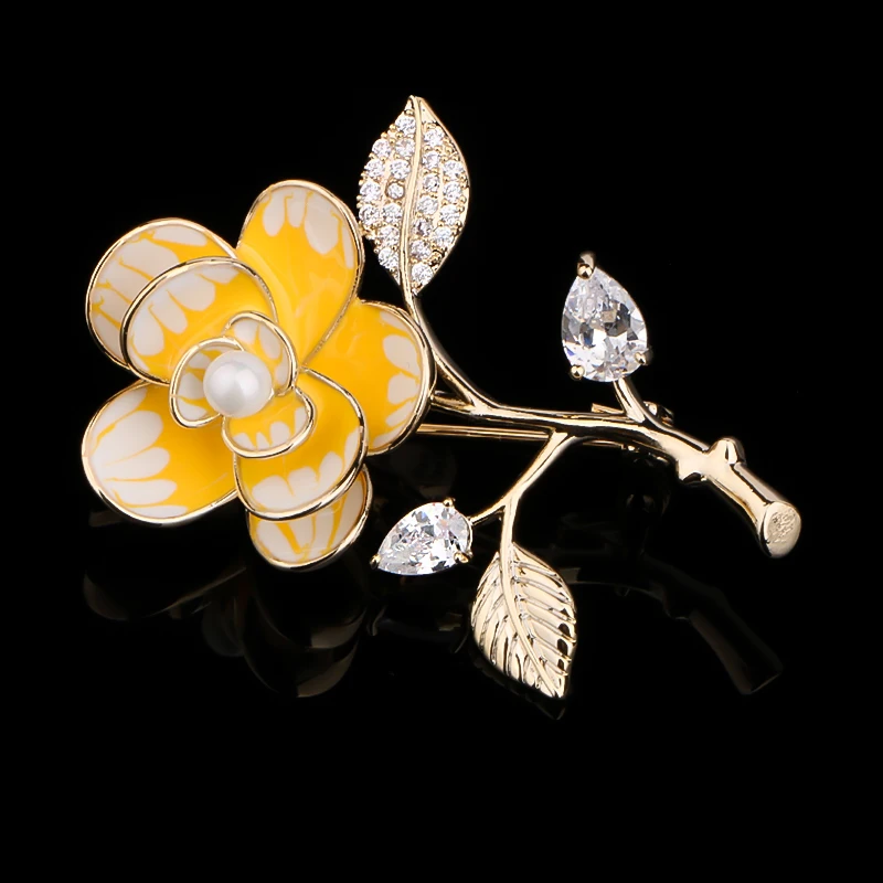 CHUKUI Delicate Yellow Enamel Flower Brooch Zircon Crystal Plant Corsage Women Girls Dress Clothes Jewelry Pins  (9)