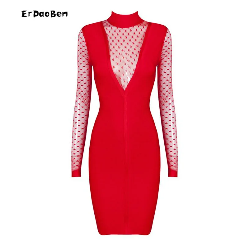 ERDAOBEN High quality spring party dress for women V neck mesh sexy club dresses black bodycon