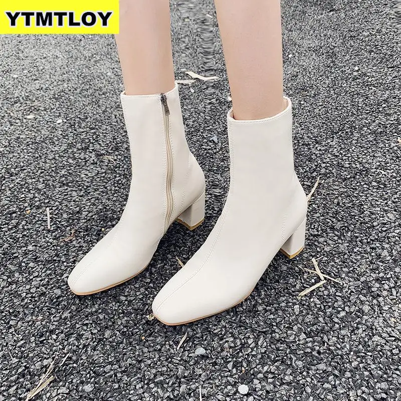 

2019 Square Heel Women Boots Fashion Buckle Shoes Zipper Cheap High Woman High Heel Ankle Boot Leather Zapatos De Mujer Winter