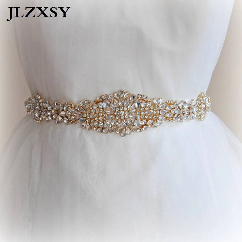 

JLZXSY Gold Flower Style Full Crystal Rhinestone Wedding Belts Bridal Sash Belts Fashion Bridal Dress Sashes (13*1.75inches)