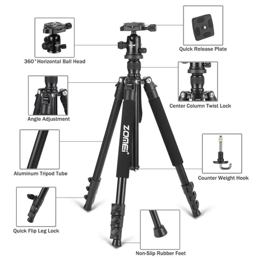 ZoMei Q555 Lightweight Tripod Portable Travel Camera Stand with 360 Degree Ball Head and Carry Bag