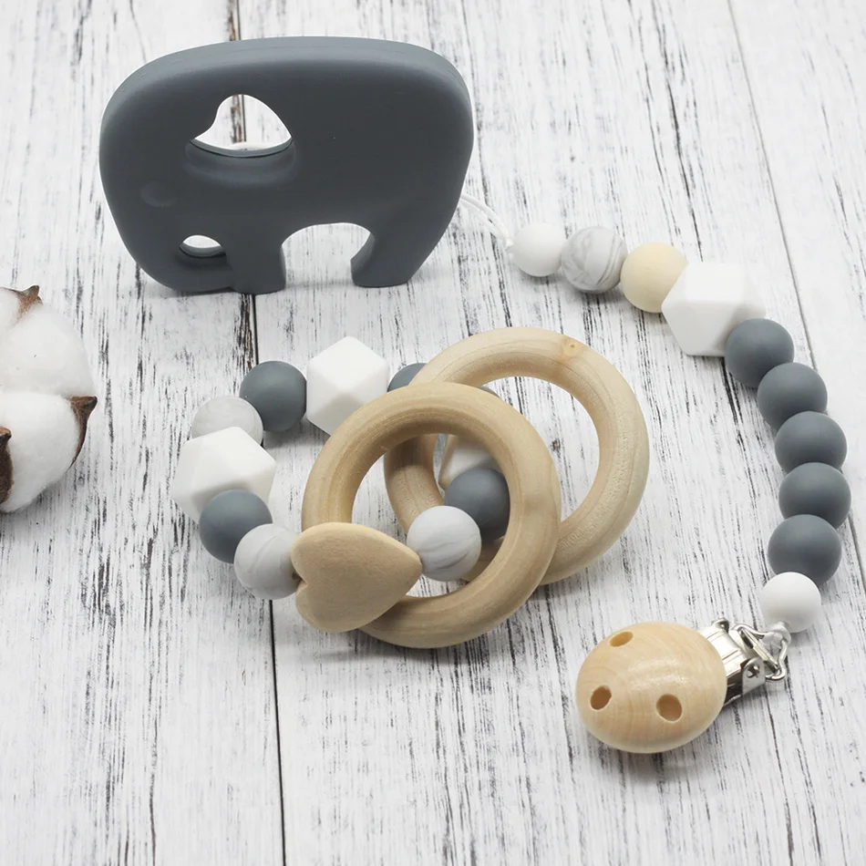 GLJ.CY Free shipping Pacifier Clip Wooden Organic and Silicone Beads Rattle Holder Chewable Baby Accessories pendant