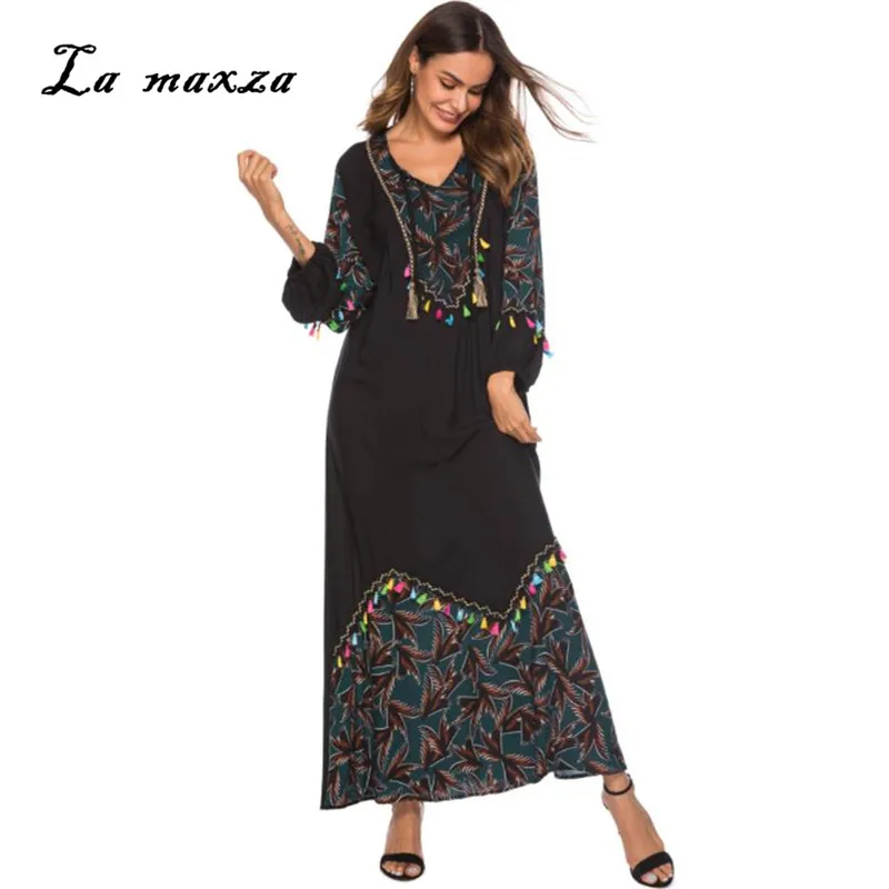 

Abaya Dress Long Muslim Tassel Dress Turkey Kaftan Dubai Muslim Turkish Maxi Evening Dress Arabic A1057