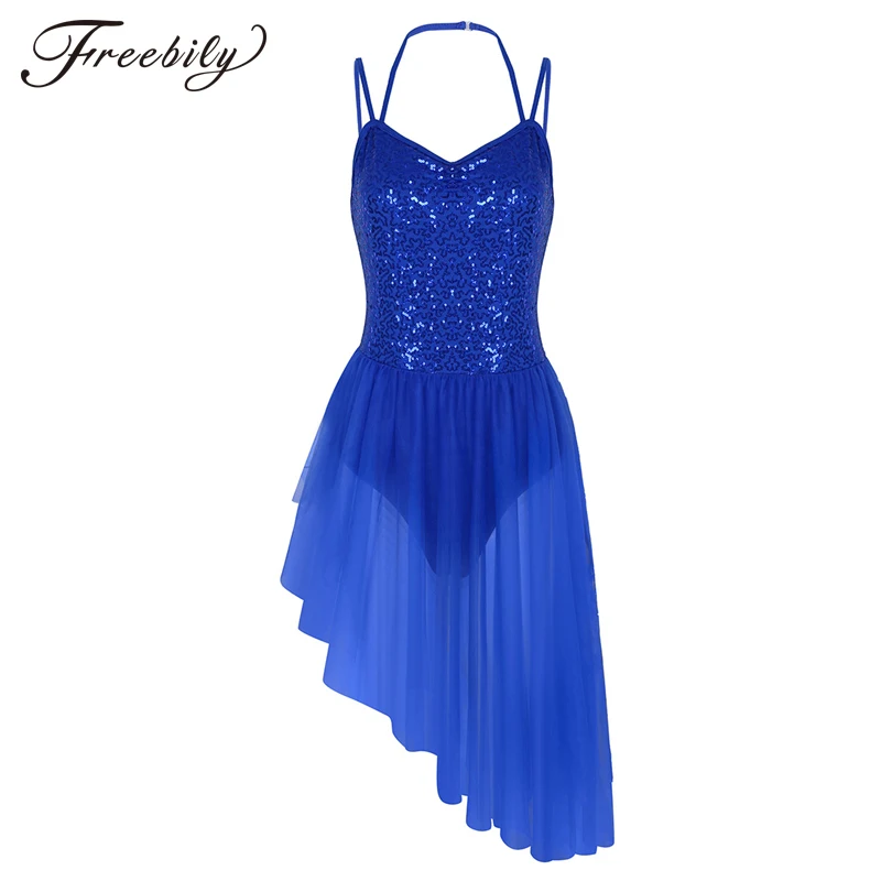 

Women Dance Ballet Dress Halter Neck Sequins Irregular Gymnastics Clothes Body Suit with Shorts Skirt Figure Skating Costumes