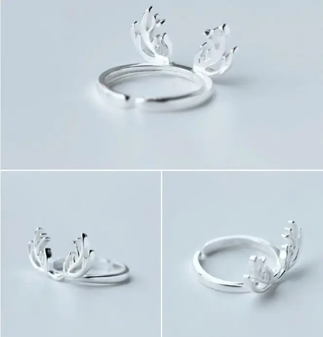 Shuangshuo Silver Plated Adjustable Christmas Gift Rings for Women Animal Antler Rings Girls
