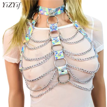 

YiZYiF Belt Women Body Bust Harness Belt PVC Halter Adjustable O-Rings Metal Chain Tassels Dazzle Colour Bondage Bra Roleplay