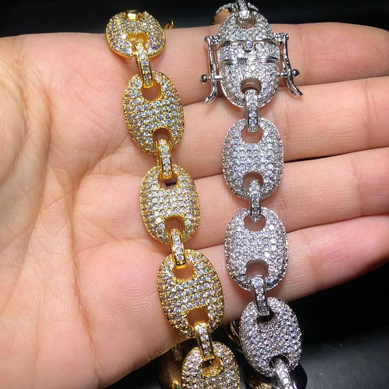 

Hip Hop 13mm Copper Gold Silver Color Plated Iced Out Zircon Chain Link Bling Button Necklace for Men Dropshipping