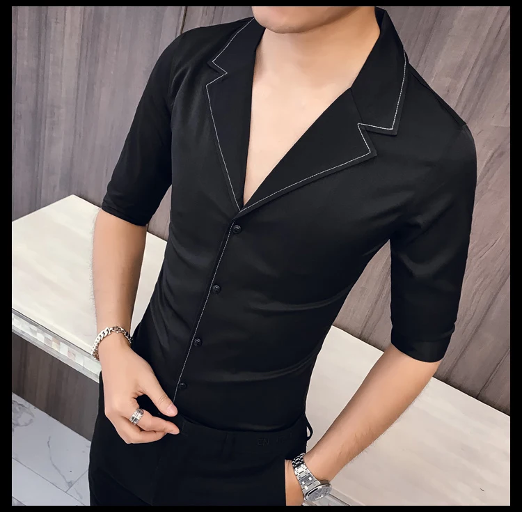 Solid Color Seven-quarter Sleeve Shirt Man Kemeja Pria Camisa Masculina Suit Collar Casual Style Half Sleeve Mens Camisa Hombre