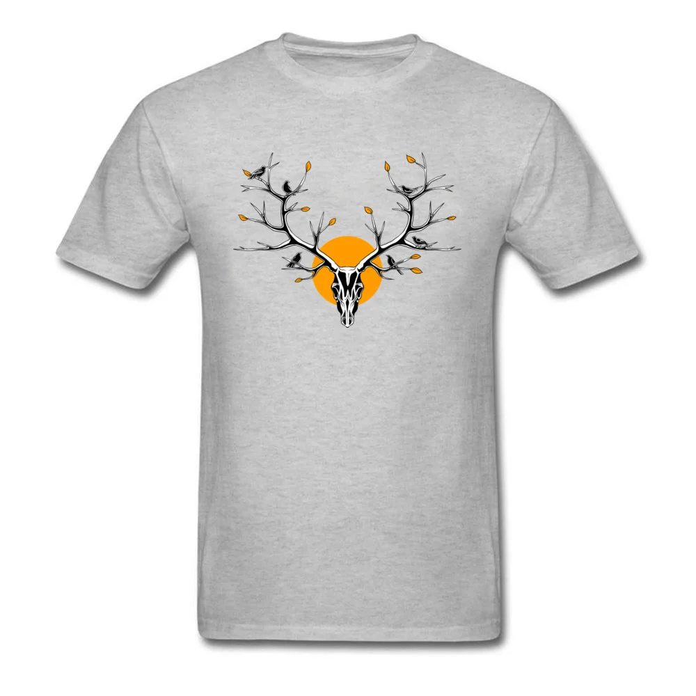 Deer Skull 100% Cotton Fabric Casual Tops & Tees Retro Short Sleeve Mens T Shirt Street VALENTINE DAY Clothing Shirt Round Neck Deer Skull grey