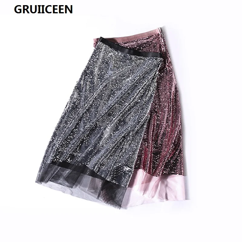 Gruiiceen Новый 2018 Весна-осень женщины блестками сетчатая Юбка Faldas Mujer модная уличная
