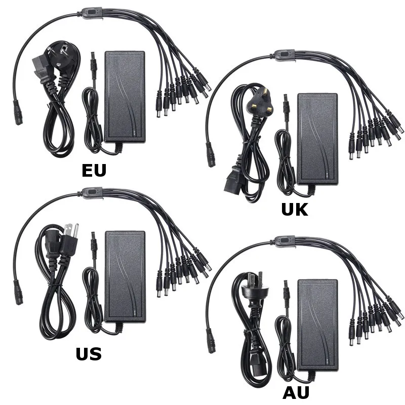 

8 Split Power Cable Cord DC 12V 3A 36W Power Supply Adapter For CCTV Security Camera DVR US/UK/EU/AU Plug
