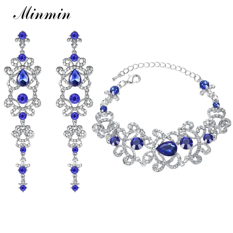 Minmin Модные женские свадебные ювелирные наборы в форме капли с синими кристаллами, серьги в виде цветка, браслет, ювелирные наборы EH166+ SL032