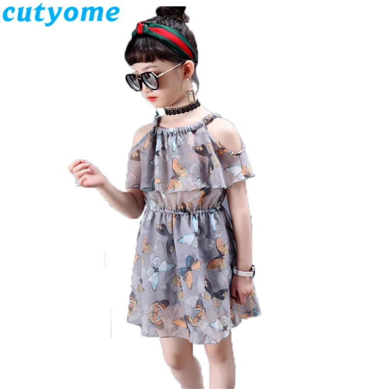 

Cutyome Big Girls Off Shoulder Chiffon Dresses Fashion Summer Halter Neck Butterfly Printed Bohemian Beach Dress Teenage Clothes